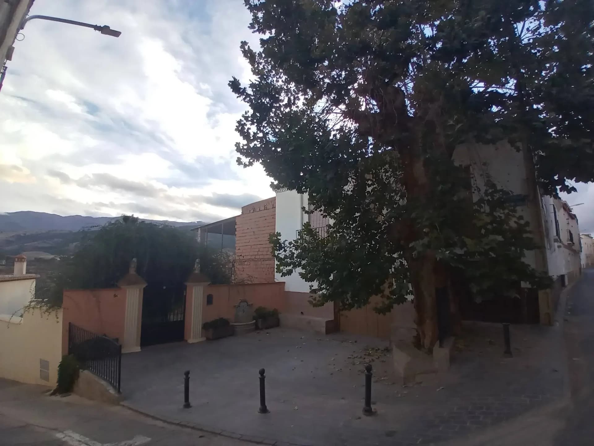 Plaza de Fiñana con casas blancas, árboles y una calle del casco