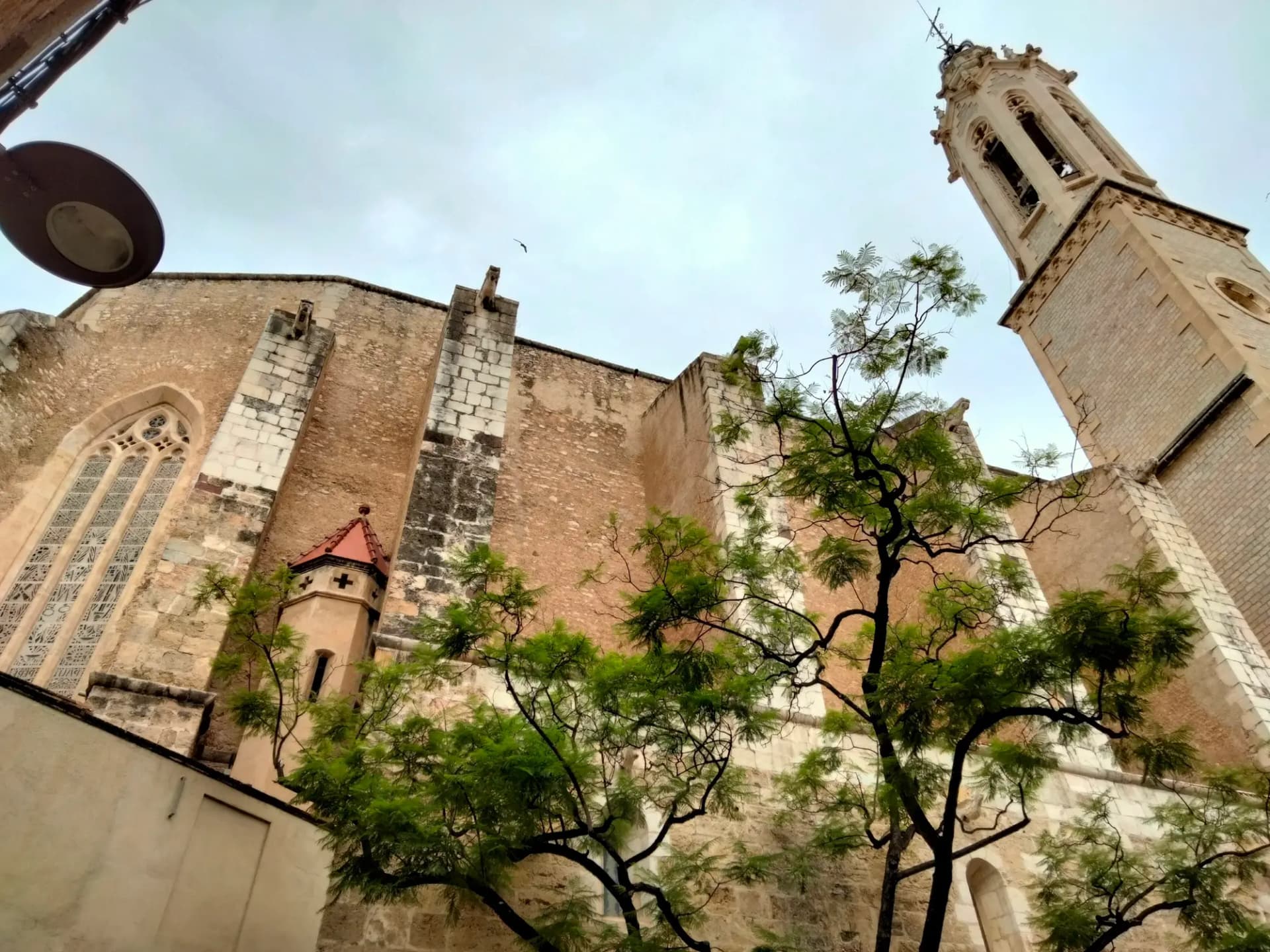 Iglesia de Sant Joan de Valls y su campanario vistos desde la plaça dels Escolans