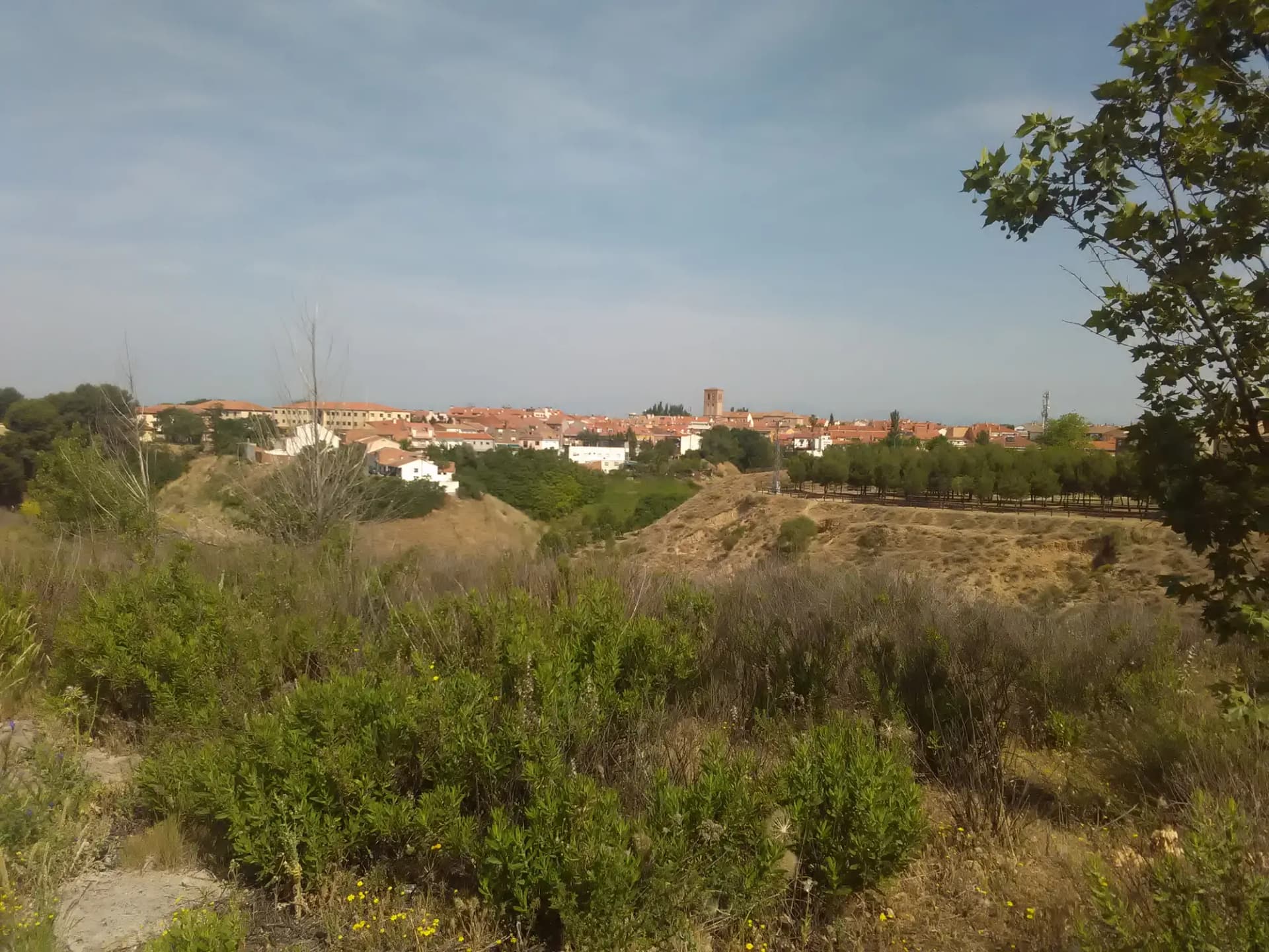 Vista de Paracuellos de Jarama desde el campo cercano, con el casco en lo alto