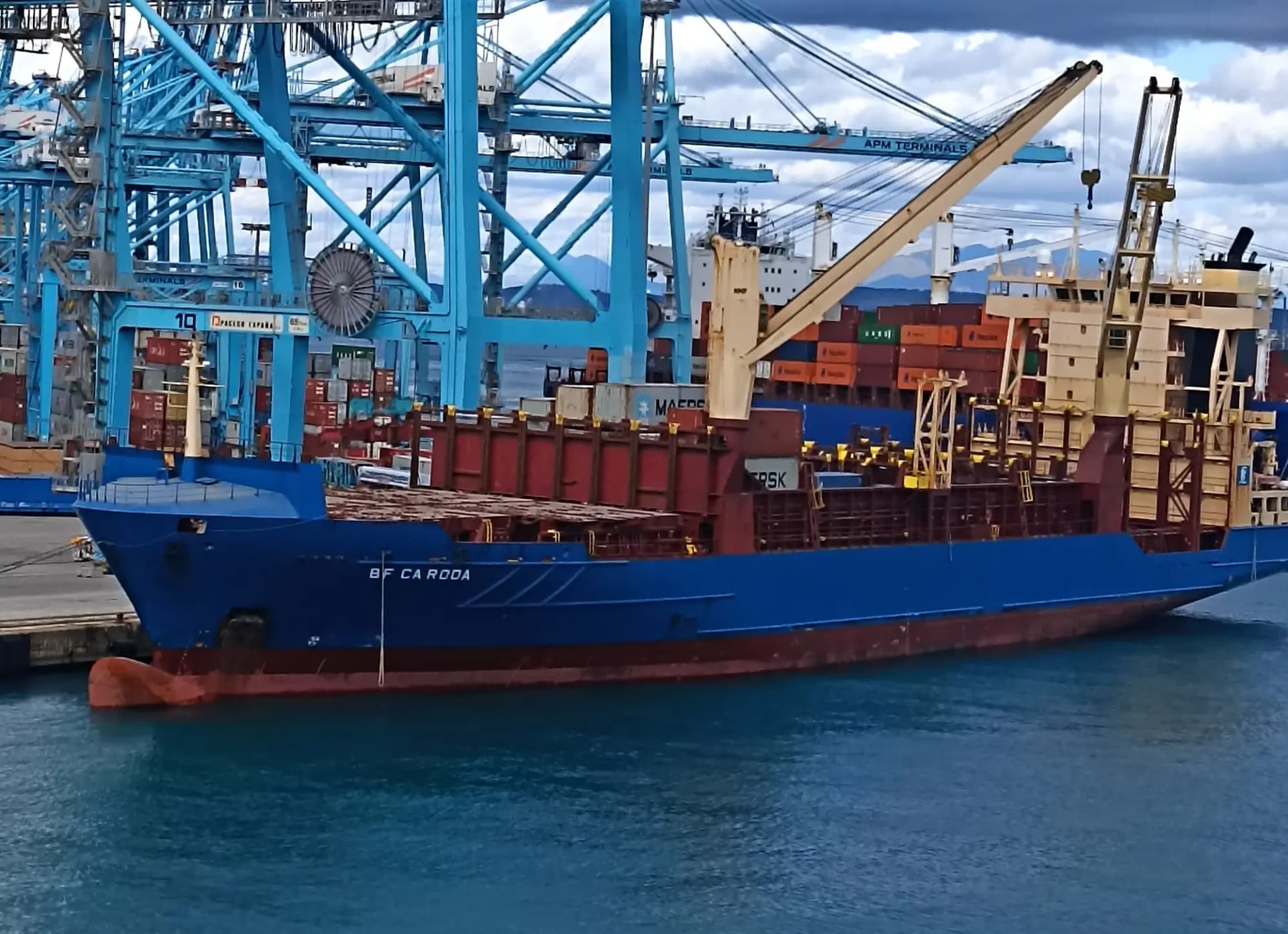 Buque de carga atracado bajo las grúas de contenedores del puerto de Algeciras