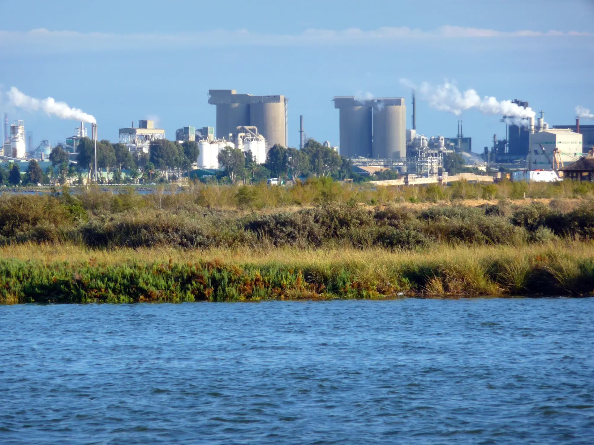 Plantas del Polo Industrial de Huelva con silos y chimeneas humeantes al otro lado de la ría y la marisma