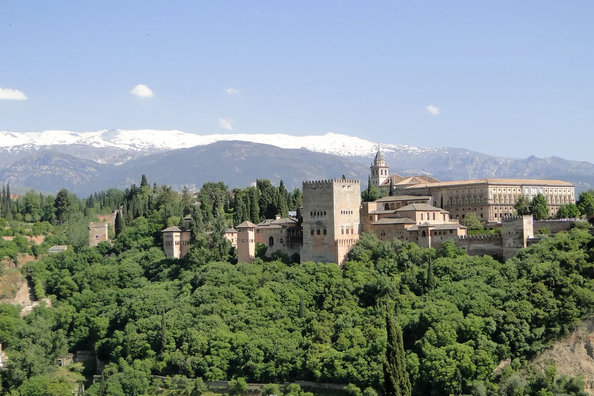 La Alhambra sobre una colina arbolada, con las cumbres nevadas de Sierra Nevada al fondo