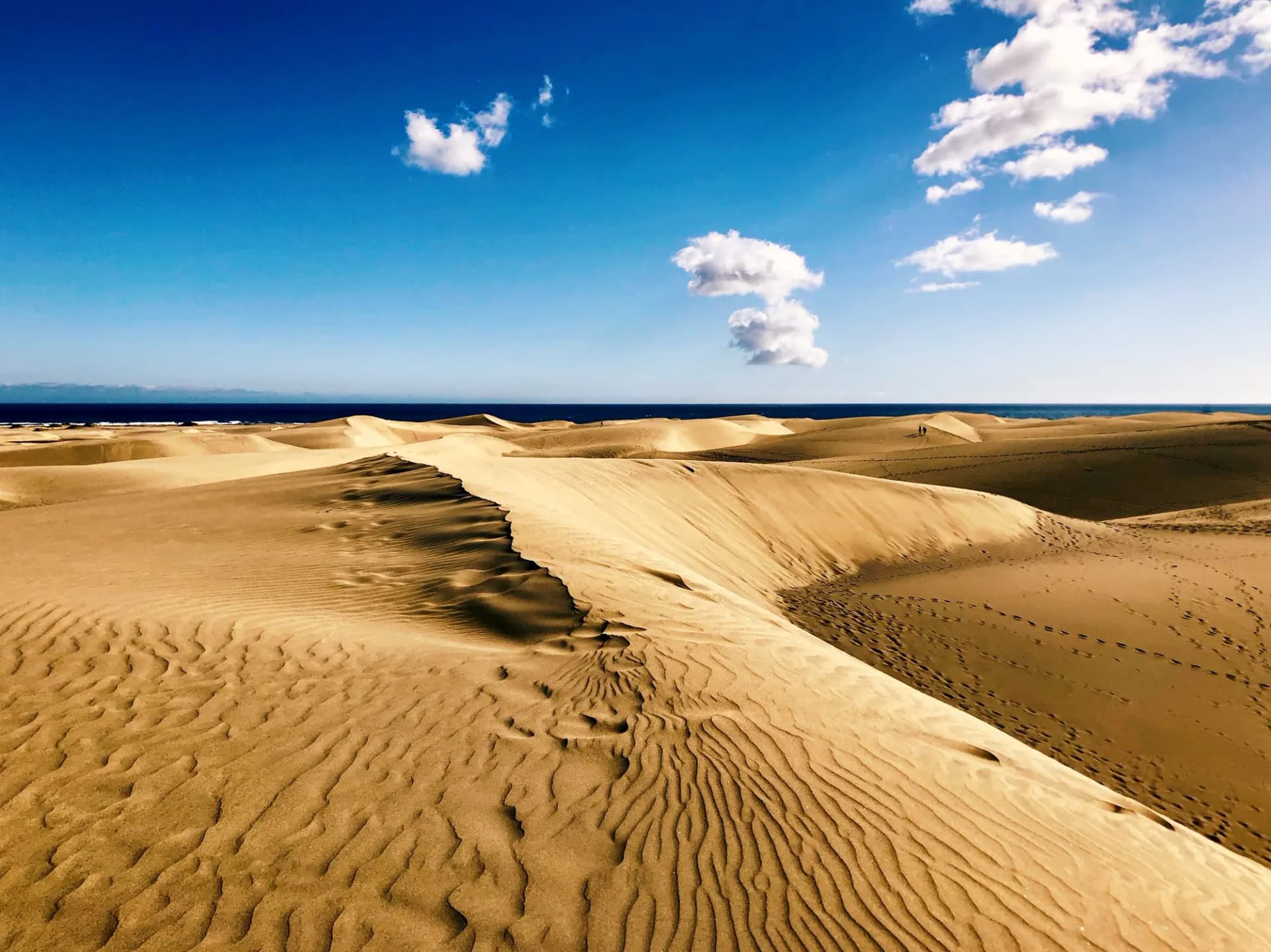 Dunas de arena dorada de Maspalomas con el mar al fondo bajo un cielo azul con nubes