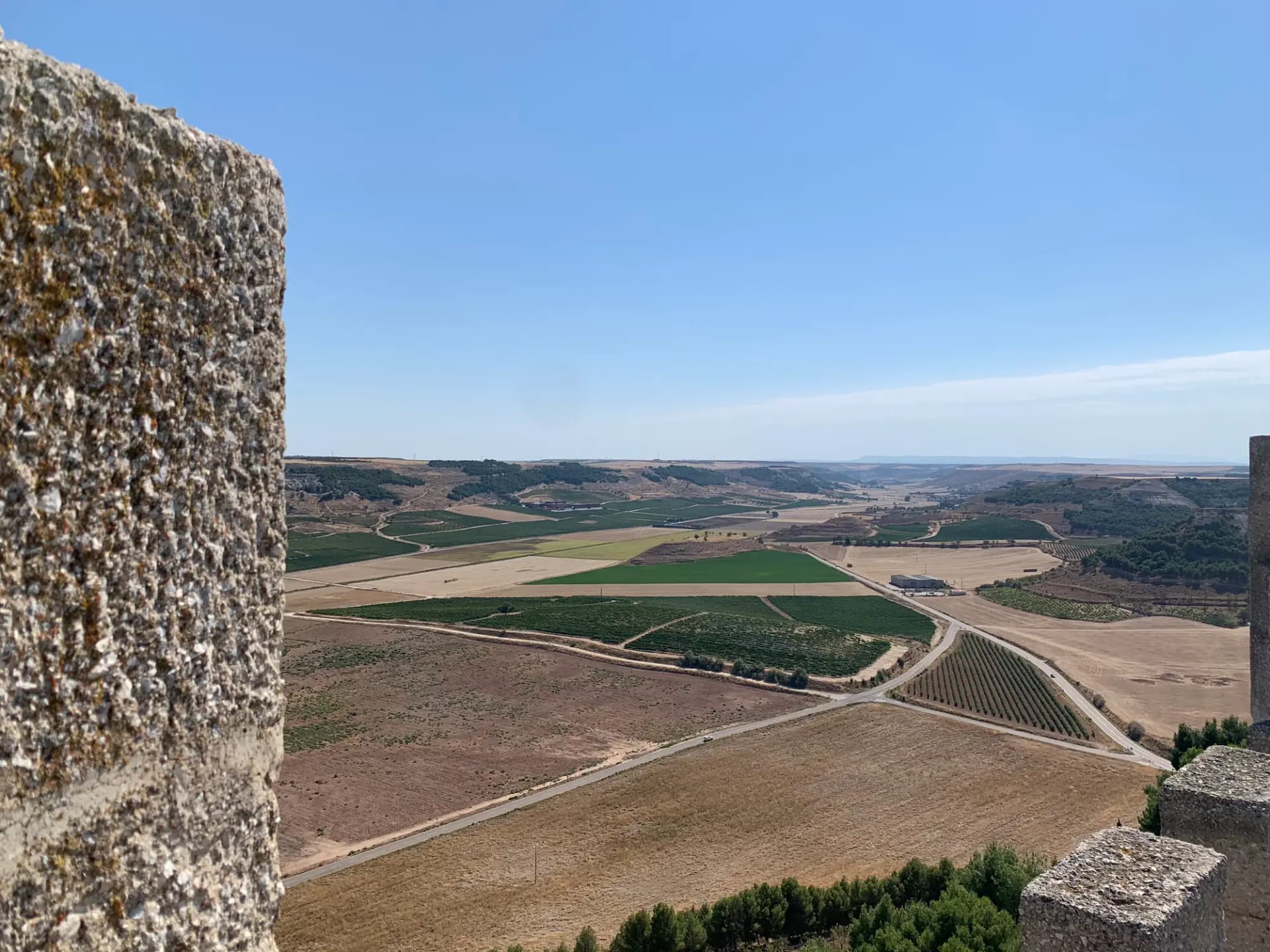 Viñedos y campos de cereal del valle del Duero vistos entre las almenas del castillo de Peñafiel