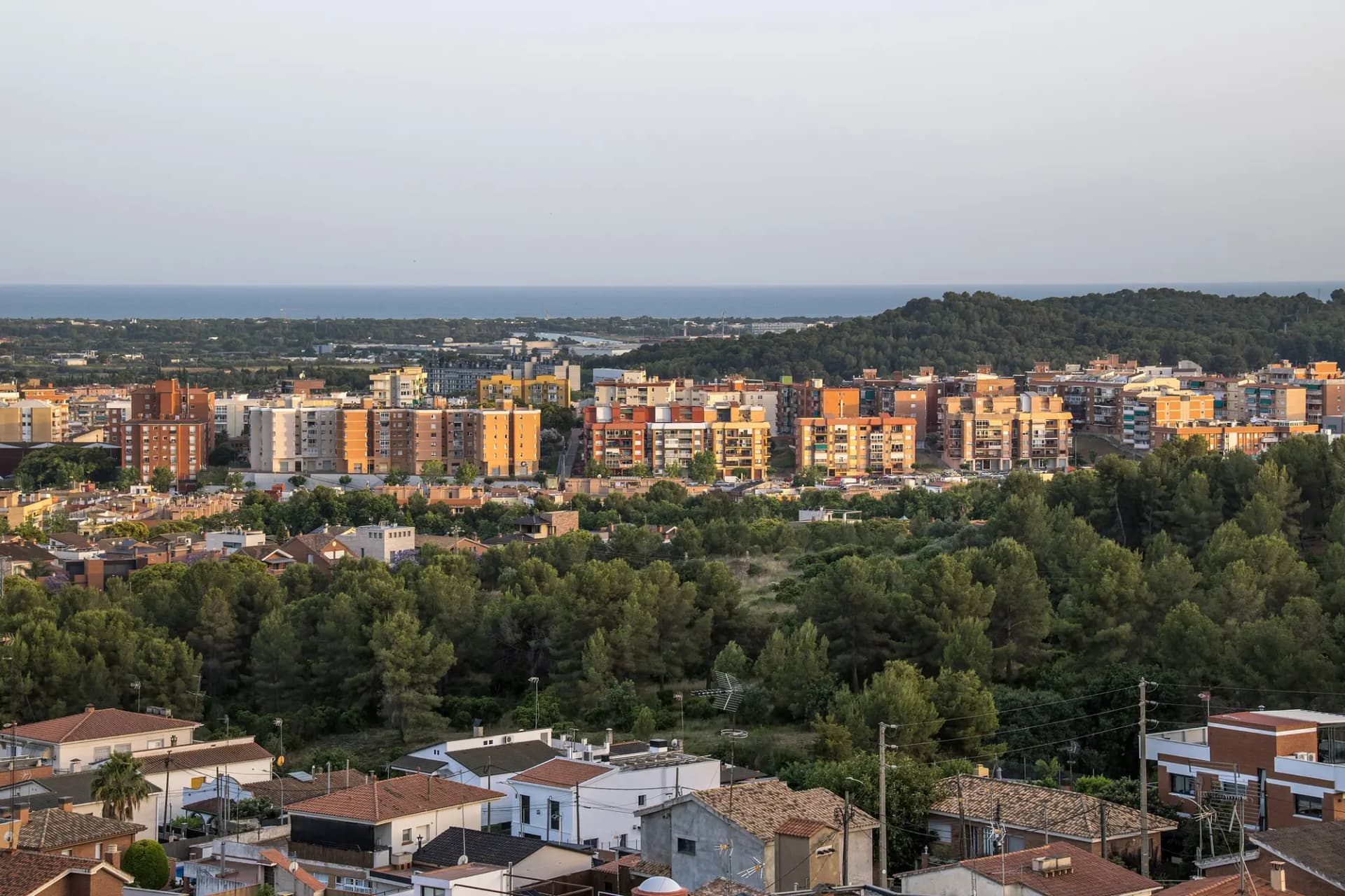 Vista de Viladecans con casas y bloques entre pinares y el delta del Llobregat y el mar al fondo