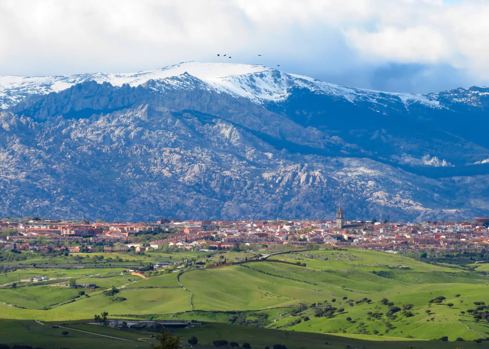 Colmenar Viejo entre prados verdes y encinas, con la sierra de Guadarrama nevada al fondo