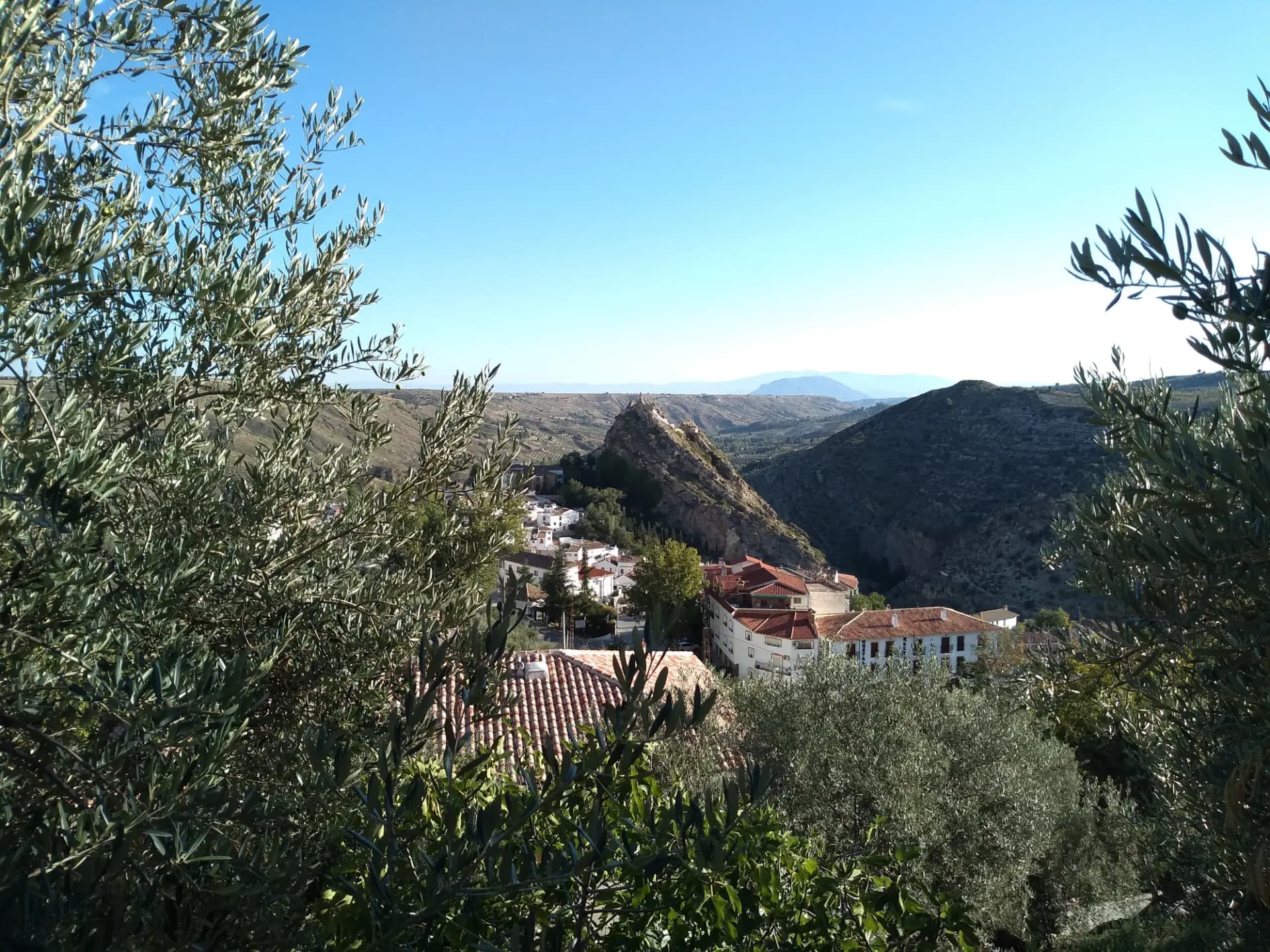 Casas blancas de Castril entre olivos, junto a la peña que domina el pueblo